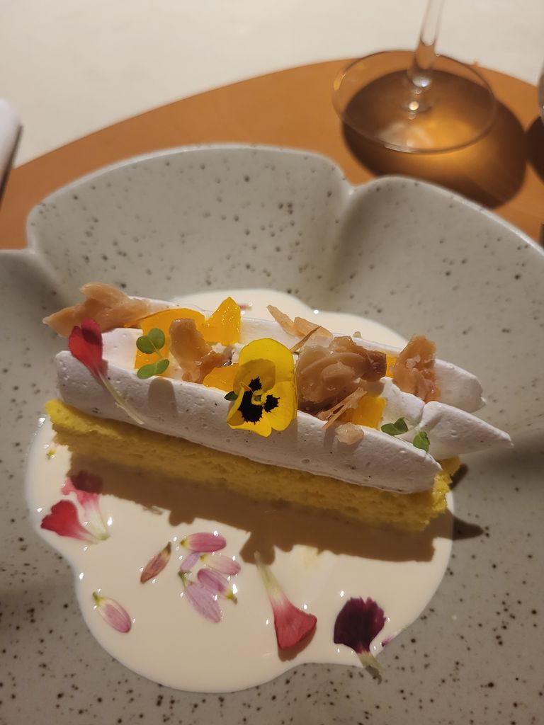 pudding served on speckled plate