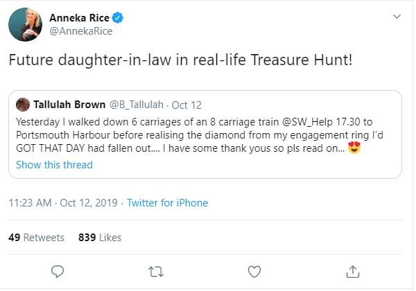 Anneka Rice son engaged tweet