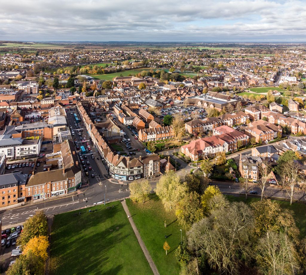 The town of Hitchin, Hertfordshire in Autumn from a high angle view