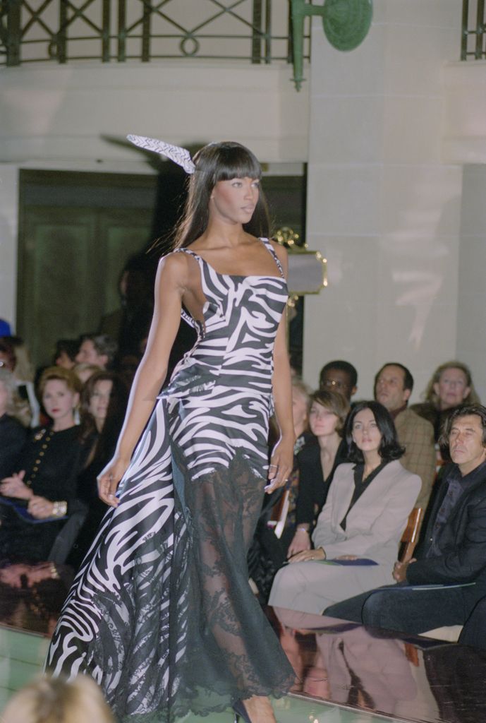 Naomi Campbell in zebra print on the catwalk at the Gianni Versace Haute Couture Summer 1996 launch 
