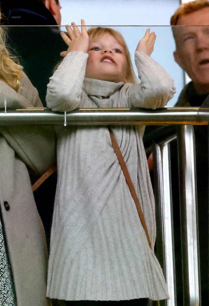 Lena Tindall watches the racing as she attends the New Year's Day Racing Meet at Cheltenham Racecourse on January 1, 2025 in Cheltenham, England. 