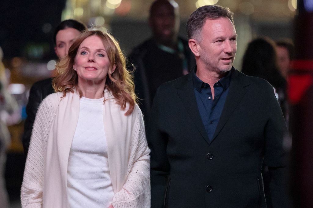 Geri Halliwell-Horner and Christian Horner of Great Britain and Oracle Red Bull Racing arrive at the track during previews ahead of the F1 Grand Prix of Las Vegas