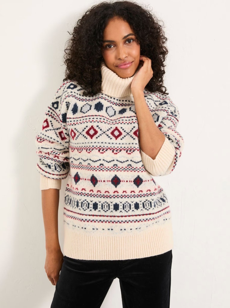 Reece Ivory Knitted Roll Neck Fairisle Jumper