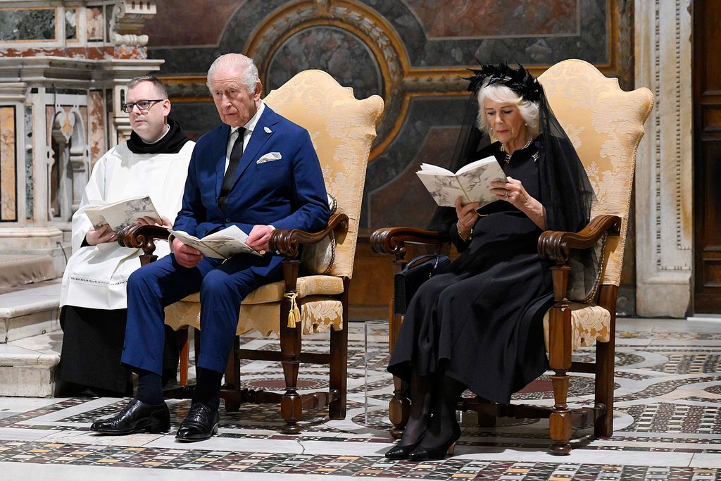 The King and Queen during the prayer service at the Sistine Chapel at the Apostolic Palace