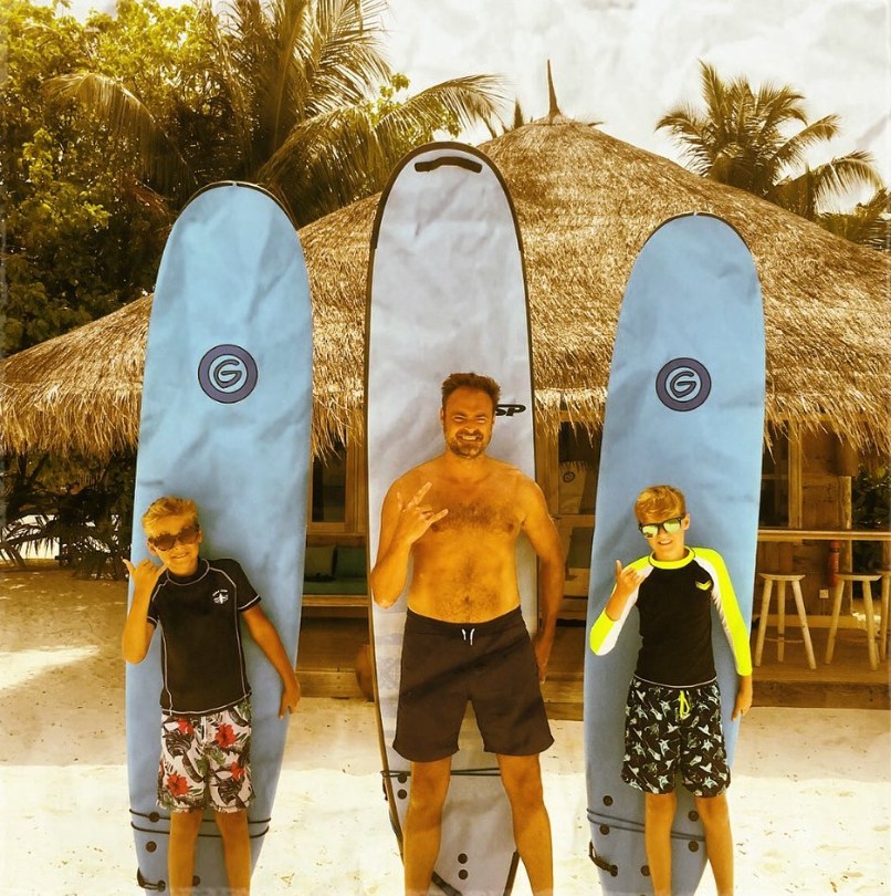 Jamie and his sons enjoyed a surf trip during a family holiday