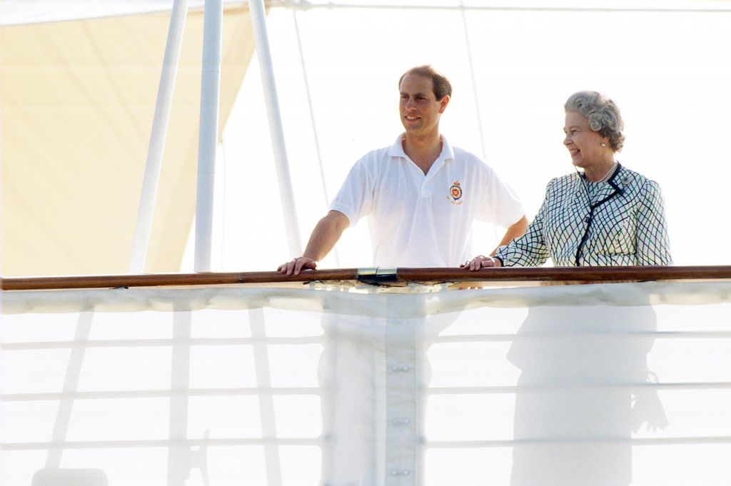 The Queen and Prince Edward looking out towards the seen whilst aboard the Royal Yacht Britannia  