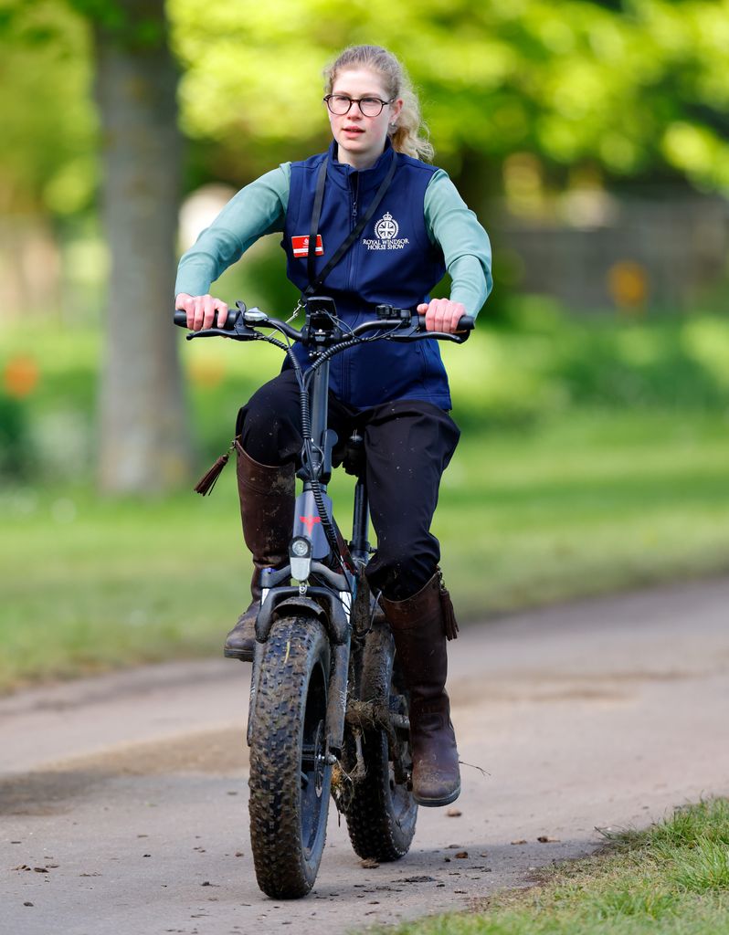 Lady Louise Windsor riding an outdoors e-bike