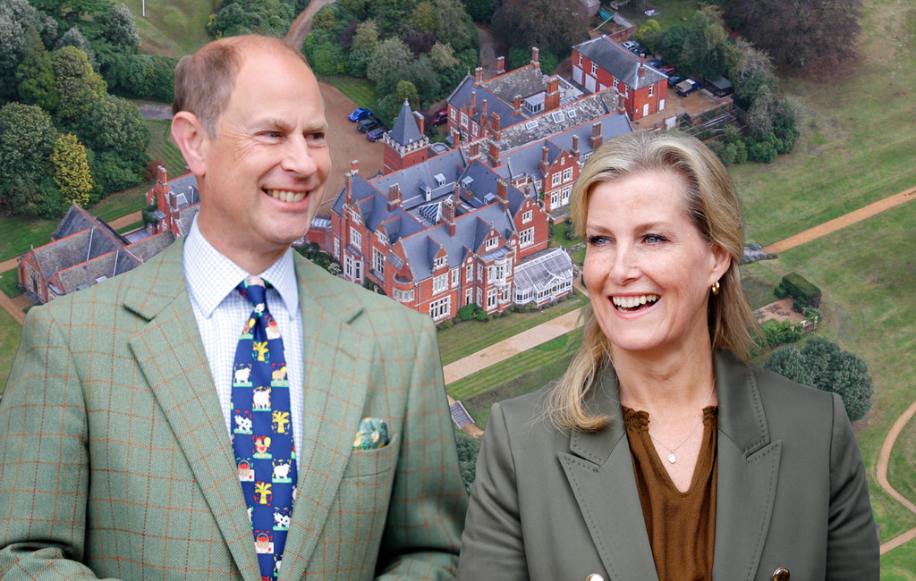 Aerial shot of Bagshot Park with photo of Prince Edward and Sophie smiling layered on top