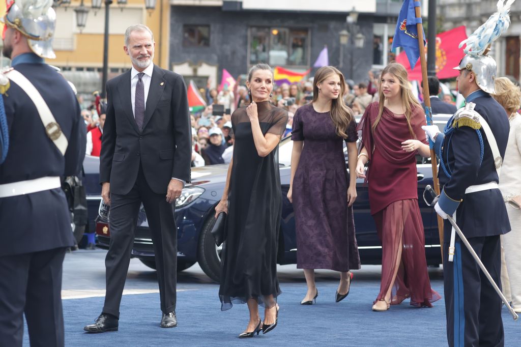 King Felipe, Queen Letizia, Princess Leonor, and Infanta Sofia on their arrival at the Campoamor Theater to attend the 'Princess of Asturias Awards 2025' ceremony