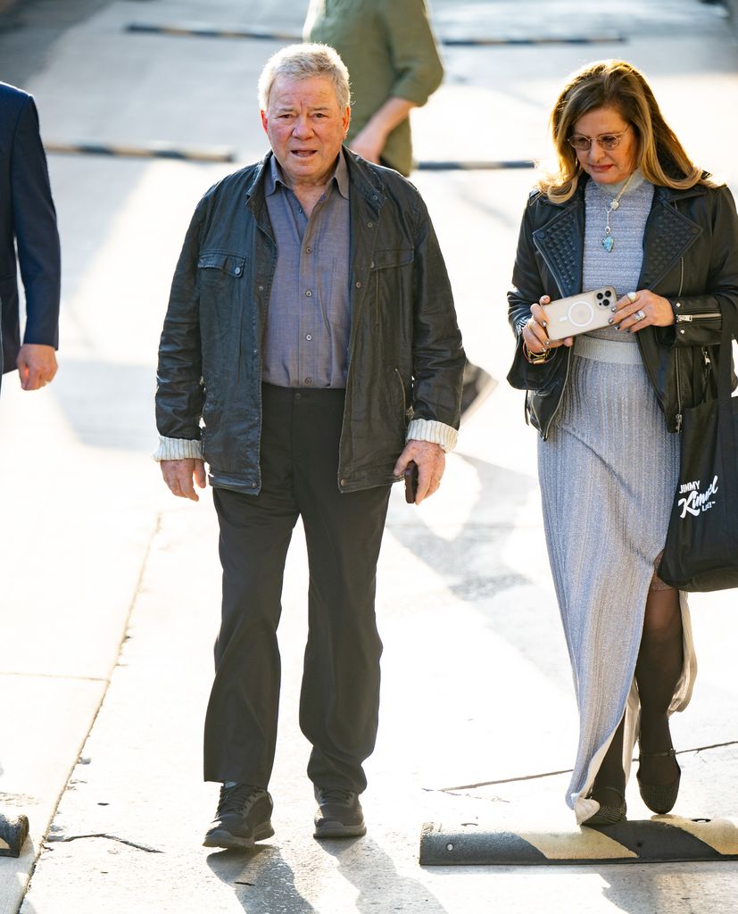William Shatner and Elizabeth Martin are seen at "Jimmy Kimmel Live!" on March 21, 2024 in Los Angeles, California.