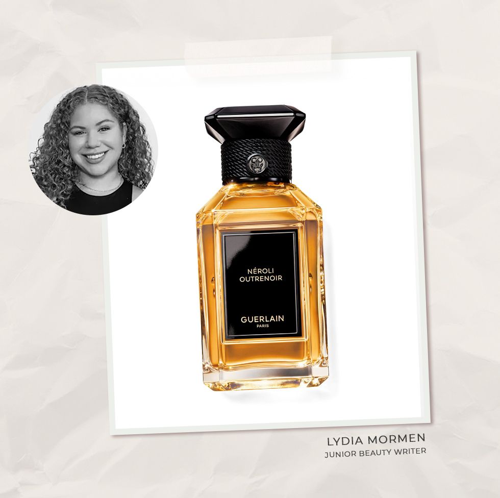 collage of lydia mormen and guerlain fragrance