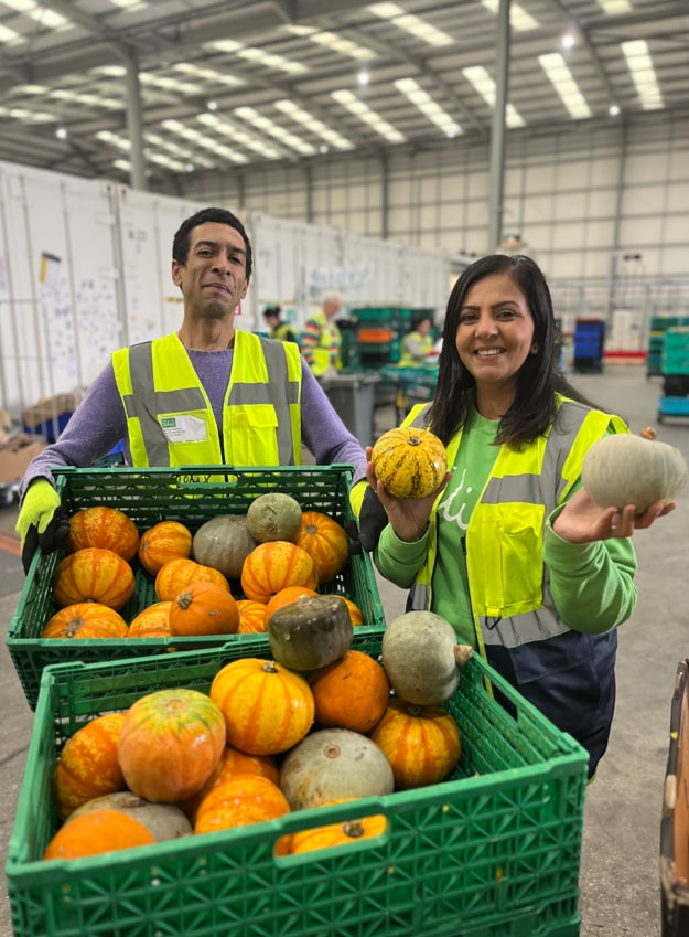 The Felix Project volunteers with crates of pumpkins