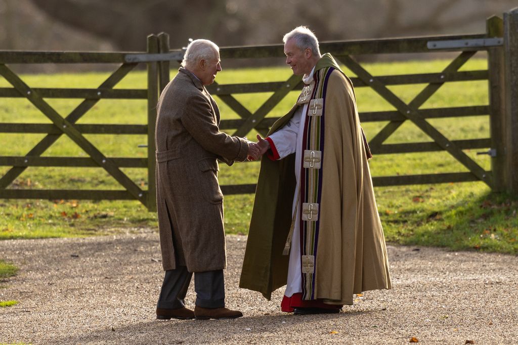 King Charles arriving for the morning service at St Mary Magdalene Church without Camilla