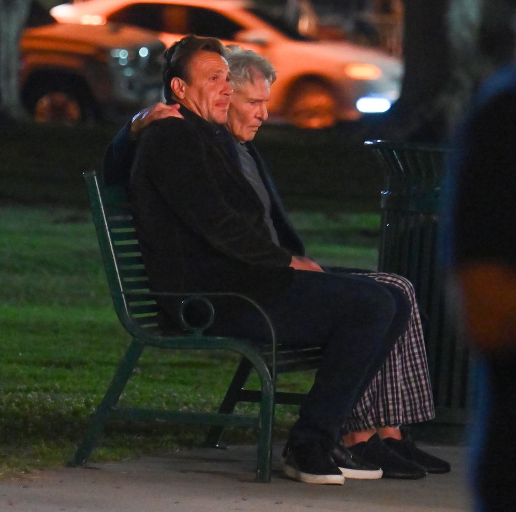 Jason Segel and Harrison Ford are seen on the set of 'Shrinking' on June 6, 2024 in Pasadena, California. (Photo by MEGA/GC Images)