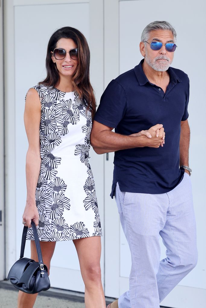VENICE, ITALY - AUGUST 29: Amal Clooney and George Clooney are seen arriving ahead of the 80th Venice International Film Festival 2023 on August 29, 2023 in Venice, Italy. (Photo by Jacopo Raule/GC Images )