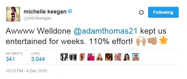 Michelle Keegan congratulates Adam Thomas for I'm A Celebrity