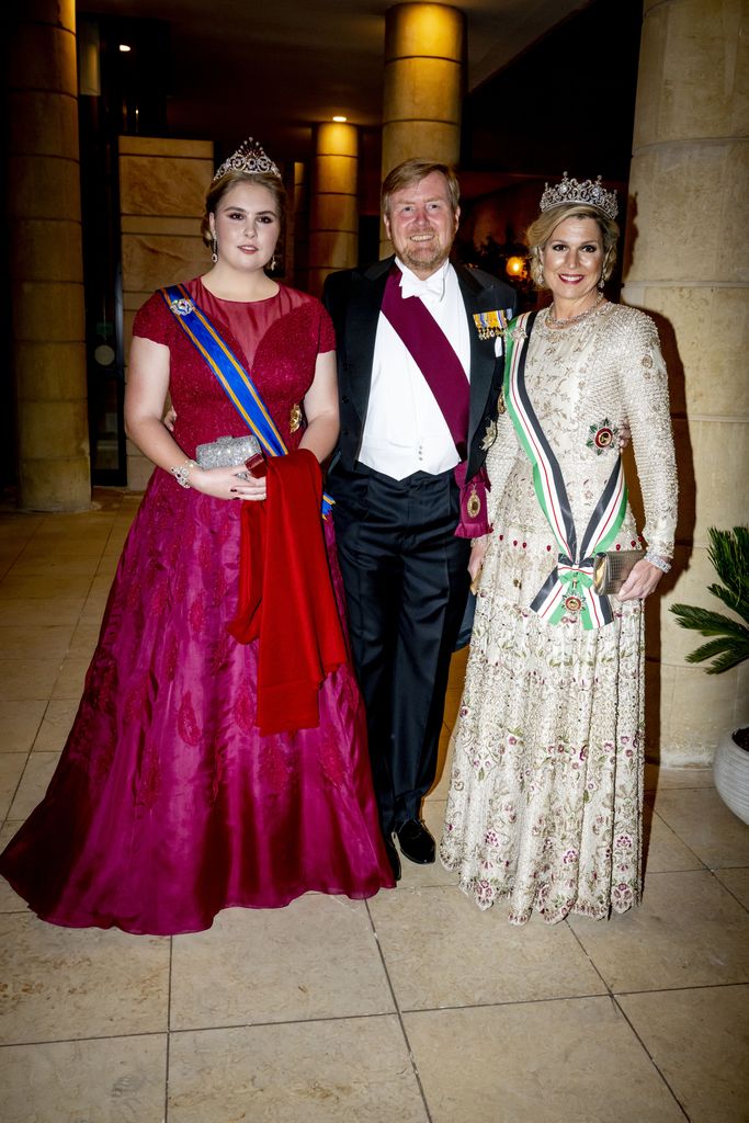 Queen Maxima, King Willem-Alexander and Princess Amalia pictured ahead of the state banquet for Prince Hussein and Princess Rajwa's wedding