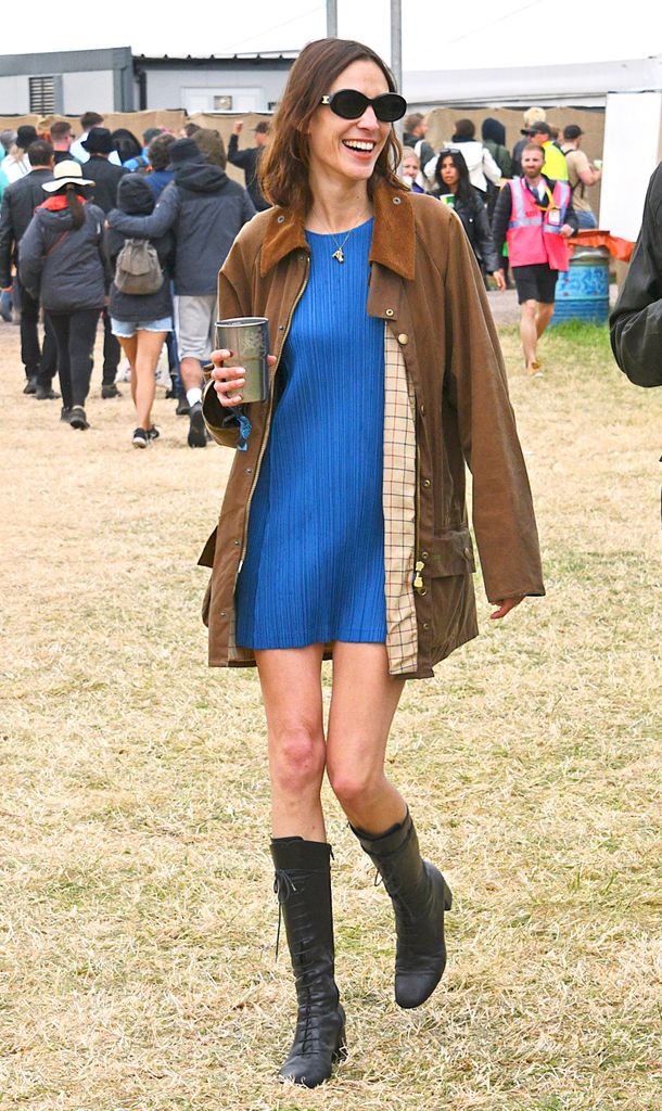 GLASTONBURY, ENGLAND - JUNE 24: Alexa Chung is seen on day one of the festival wearing her vintage Barbour jacket on June 24, 2022 in Glastonbury, England. (Photo by David M. Benett/Dave Benett/Getty Images)