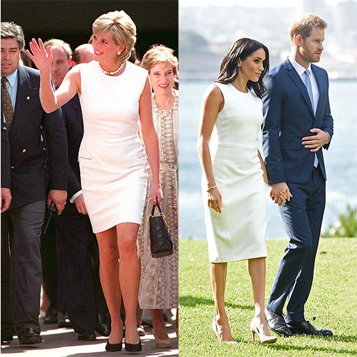 Princesa Diana e Meghan Markle usando vestidos brancos