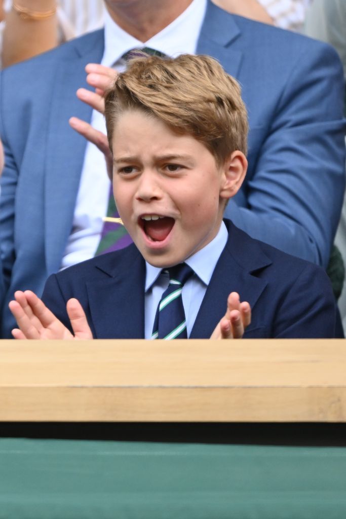  Prince George of Wales watches Carlos Alcaraz vs Novak Djokovic in the Wimbledon 2023 men's final on Centre Court during day fourteen of the Wimbledon Tennis Championships