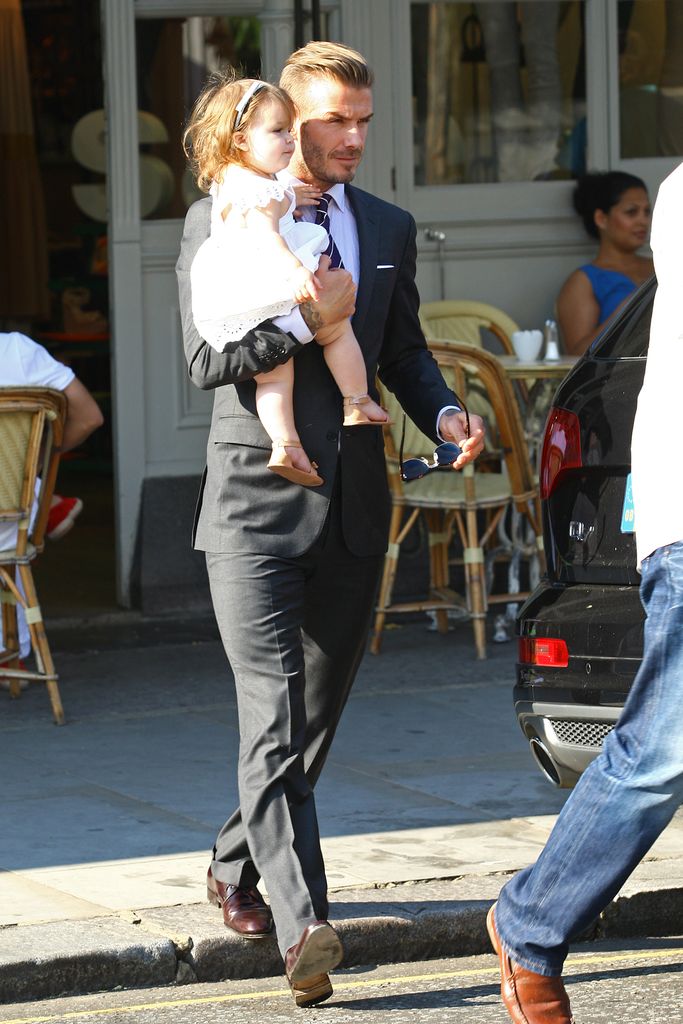 David Beckham and Harper Beckham seen leaving 202 Restaurant in Notting Hill 