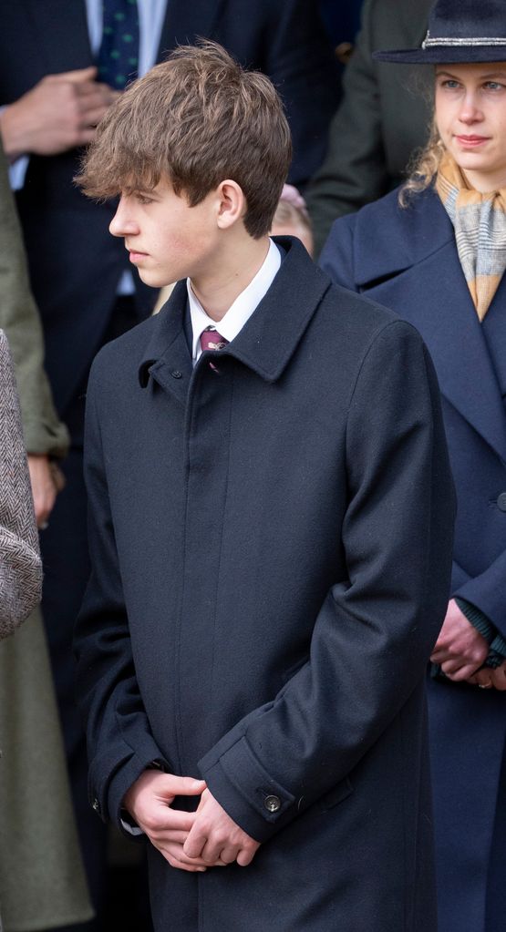James, Earl of Wessex attends the Christmas Day service at St Mary Magdalene Church in navy coat 