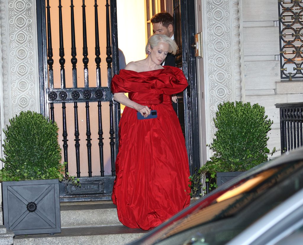 Meryl Streep wearing a red dress on the set of 'The Devil Wears Prada 2' 