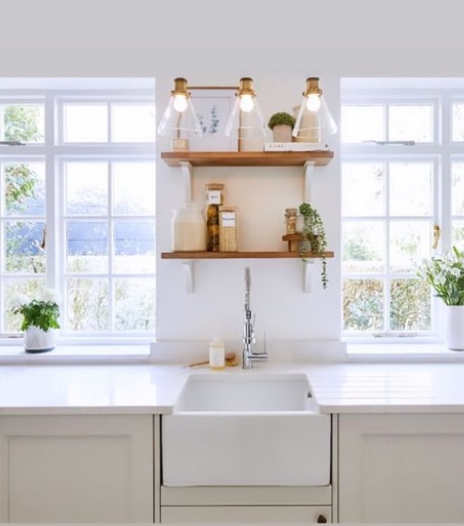 sink with worktops and open shelves