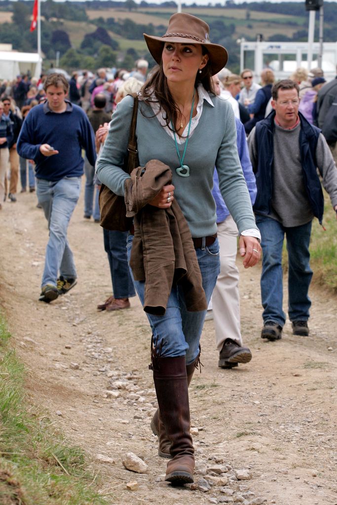 Kate Middleton wearing brown hat and pearl earrings at Festival of British Eventing at Gatcombe Park in 2005 