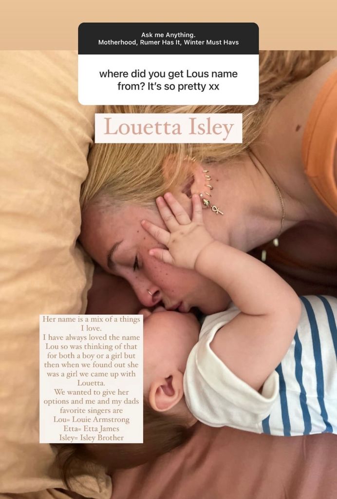 Photo shared by Rumer Willis on her Instagram Story December 2023 where she is answering a question about how she named her daughter Louetta Isley