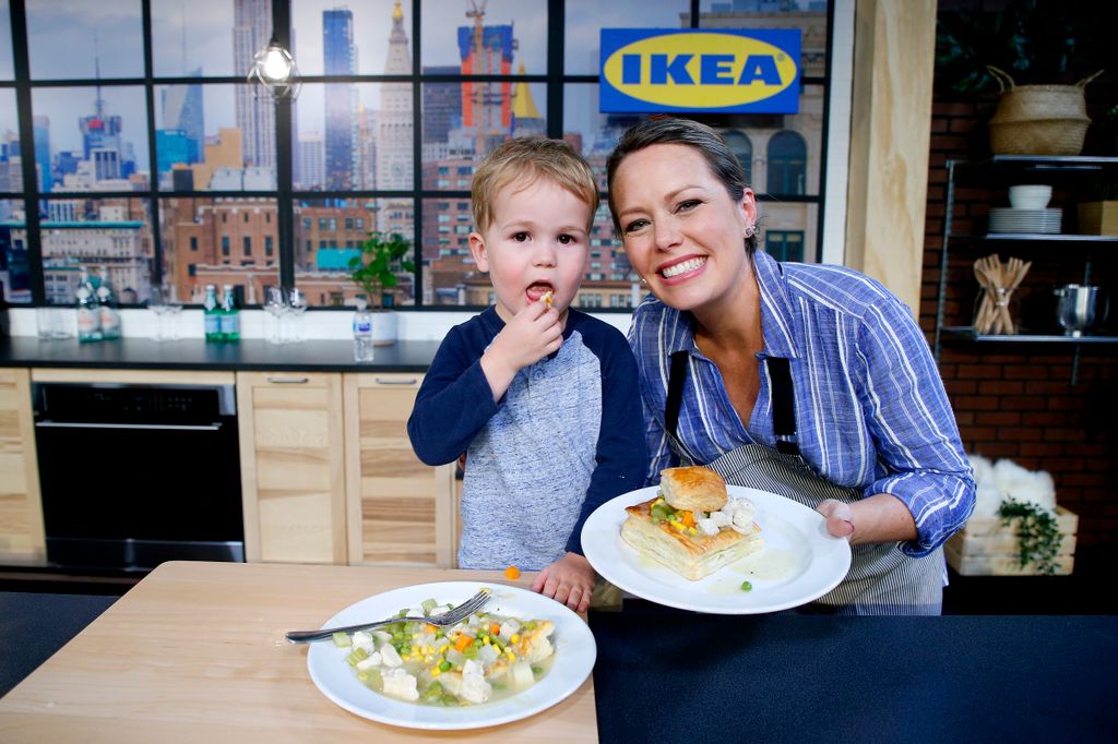 Dylan Dreyer (R) and son Calvin Bradley Fichera pose onstage for a culinary demonstration during the Grand Tasting presented by ShopRite featuring Culinary Demonstrations at The IKEA Kitchen presented by Capital One at Pier 94 on October 13, 2019 in New Y