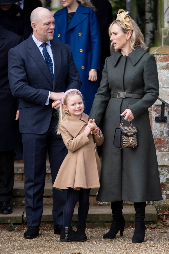 : Mike Tindall and Lena Tindall with Zara Tindall attend the Christmas Day service at St Mary Magdalene Church on December 25, 2023 in Sandringham, 