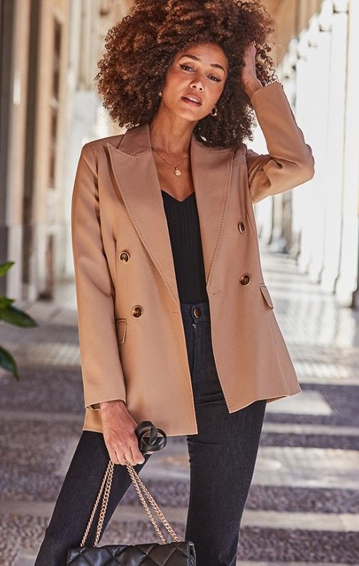 Camel Premium Double Breasted Blazer from Sosandar