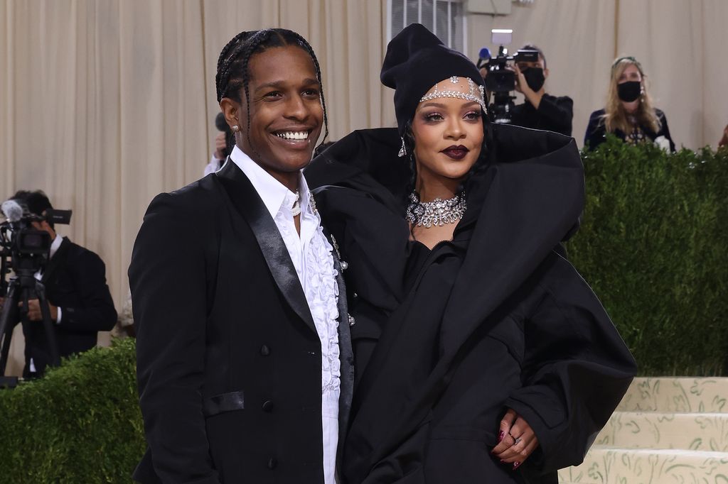 Rihanna and ASAP Rocky smiling at the Met Gala 2021