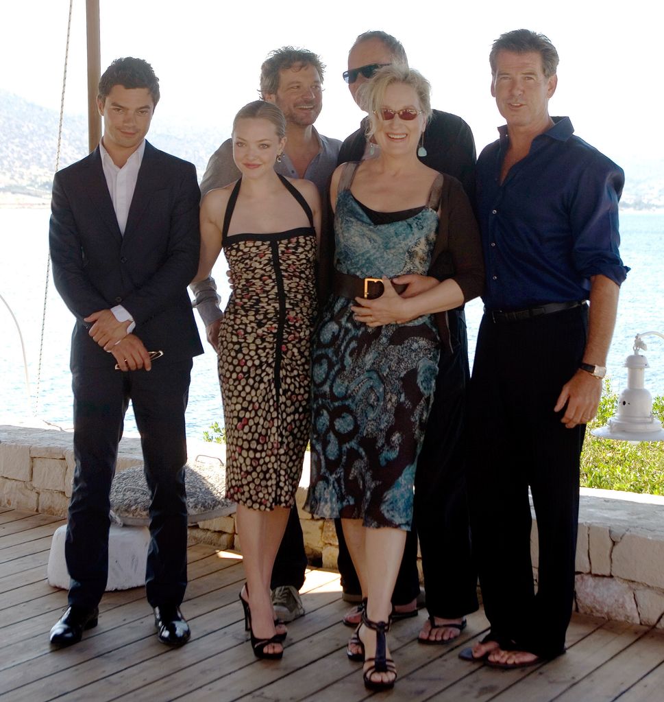 Dominic Cooper, Colin Firth, Amanda Seyfried, Stellan Skarsgard, Meryl Streep and Pierce Brosnan attend a photocall for the movie 'Mamma Mia!' at the Lagonissi Grand Resort on June 28, 2008 in Athens, Greece