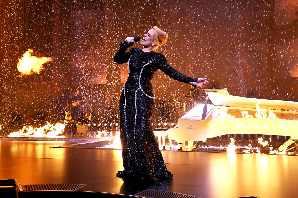 Adele performs onstage during "Weekends with Adele" at The Colosseum at Caesars Palace on January 26, 2024 in Las Vegas, 