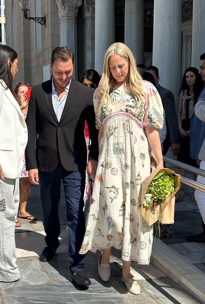 Groom Matthew Kumar and bride Theodora of Greece were all smiles after visiting the Metropolitan Cathedral ahead of their wedding