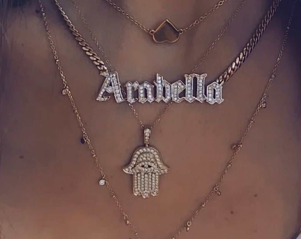arabella chi name necklace - diamond encrusted with chunky chain worn with other chains