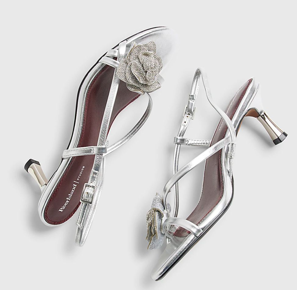 Silver Embellished Flower Heeled Sandals from River Island