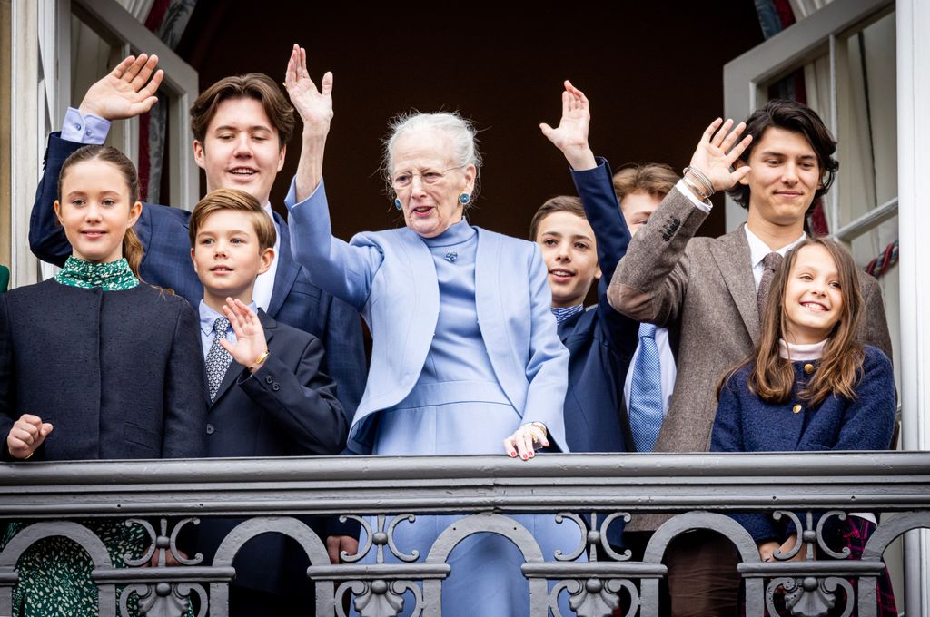 Queen Margrethe of Denmark waving with her grandchildren on April 16, 2023 in Copenhagen, Denmark