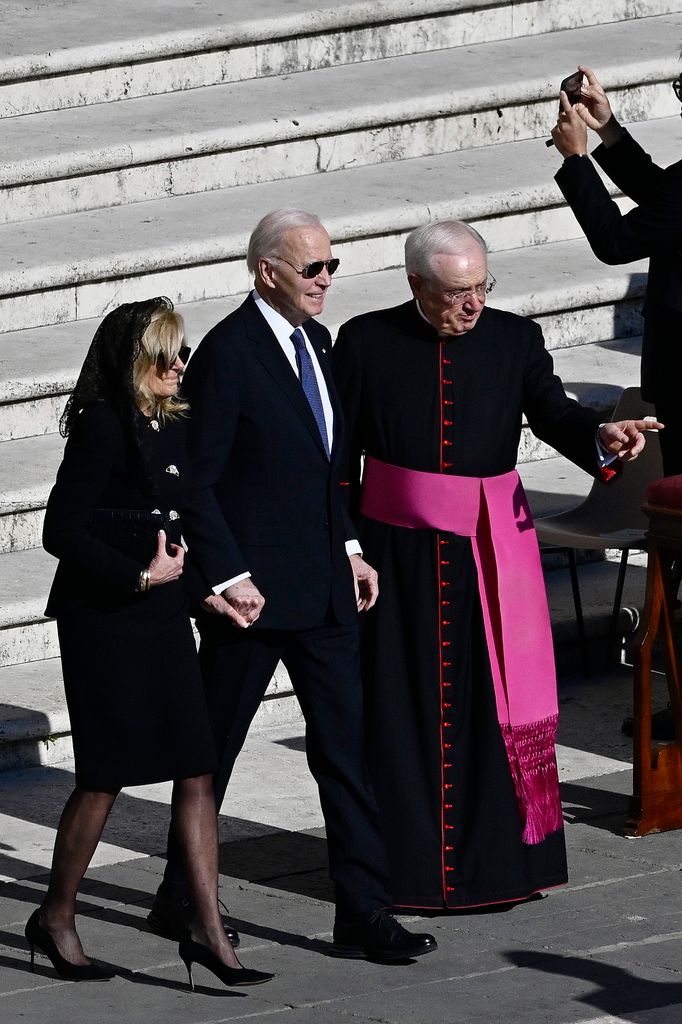 Former U.S. First Lady Jill Biden and Former U.S. President Joe Biden arrive at the funeral of Pope Francis in St. Peterâs Square on April 26, 2025 in Vatican City, Vatican. Pope Francis died on April 21st at the age of 88. Born in Argentina as Jorge Mario Bergoglio, he was the first Latin American and the first Jesuit to become Pope when elected in 2013. Taking the name Francis after St Francis of Assisi, he promoted a more humble version of the papacy than many of his predecessors. He will be buried outside of the Vatican in a simple wooden coffin at the Basilica Santa Maria Maggiore