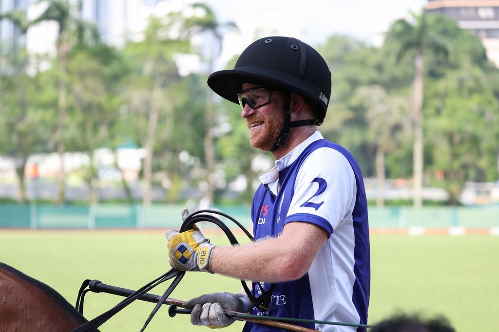 Prince Harry, The Duke of Sussex,  plays polo during the Sentebale ISPS Handa Polo Cup on August 12, 2023