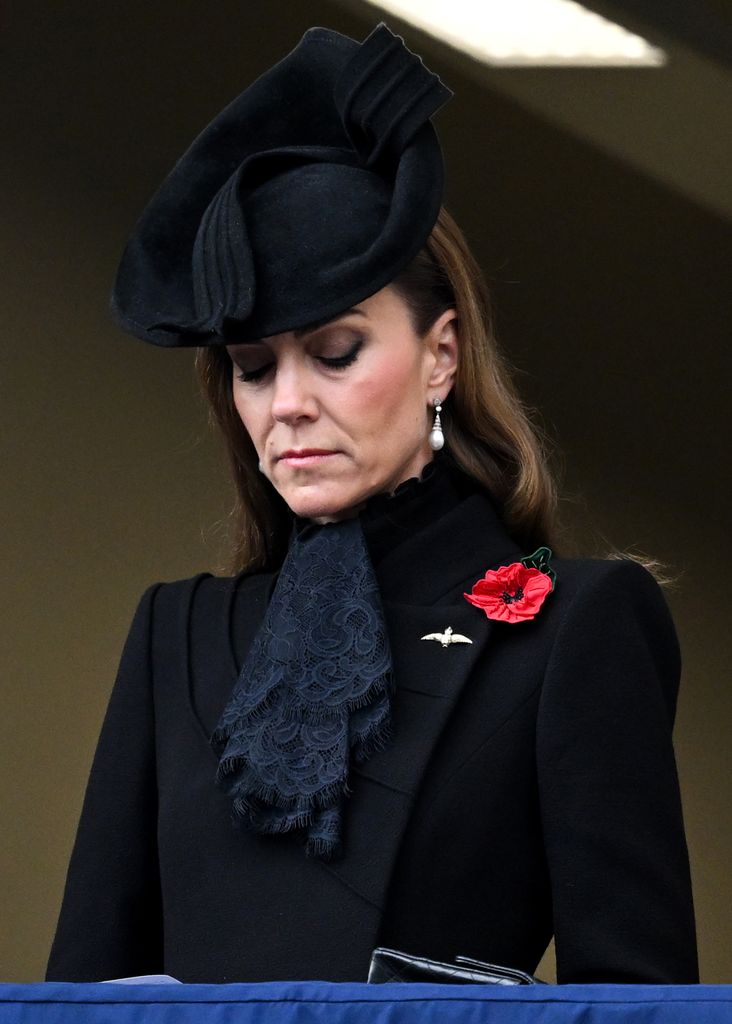 Kate with head down in black coat and hat
