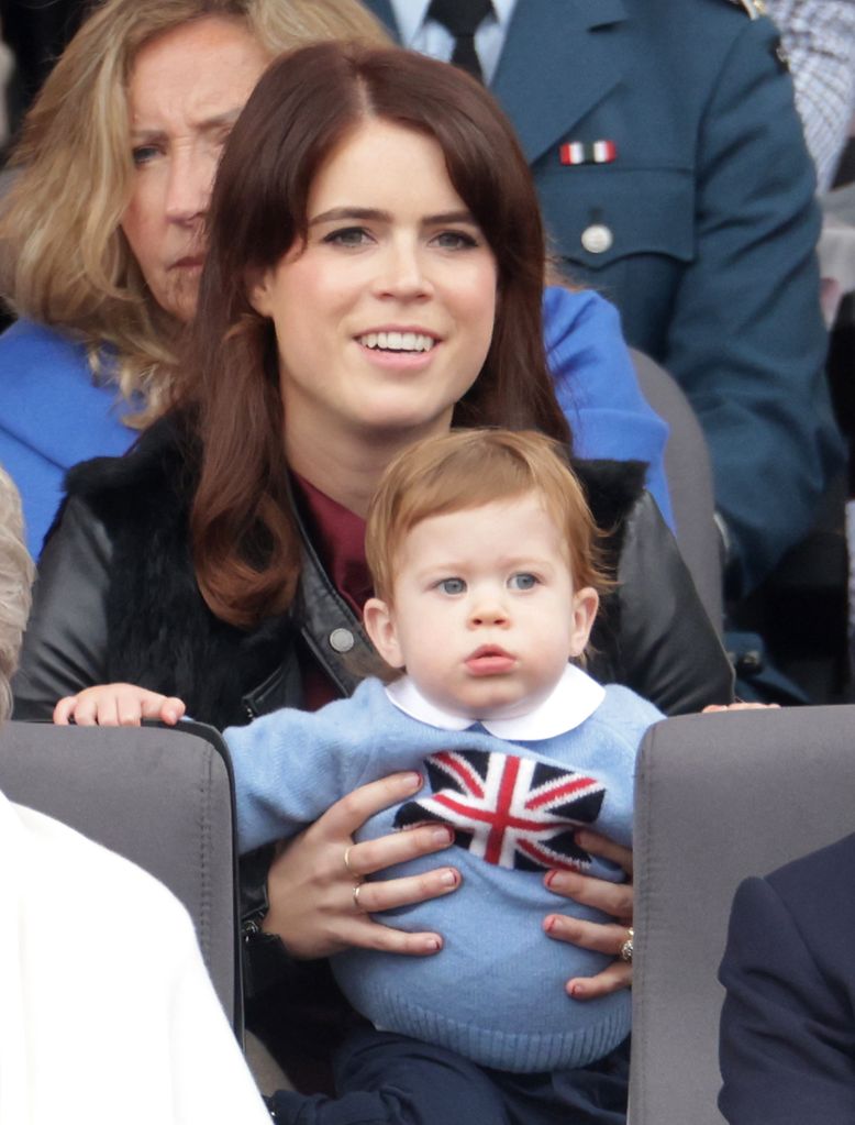 Princess Eugenie and August Brooksbank watch the Platinum Jubilee Pageant from the Royal Box during the Platinum Jubilee Pageant on June 05, 2022 in London, England