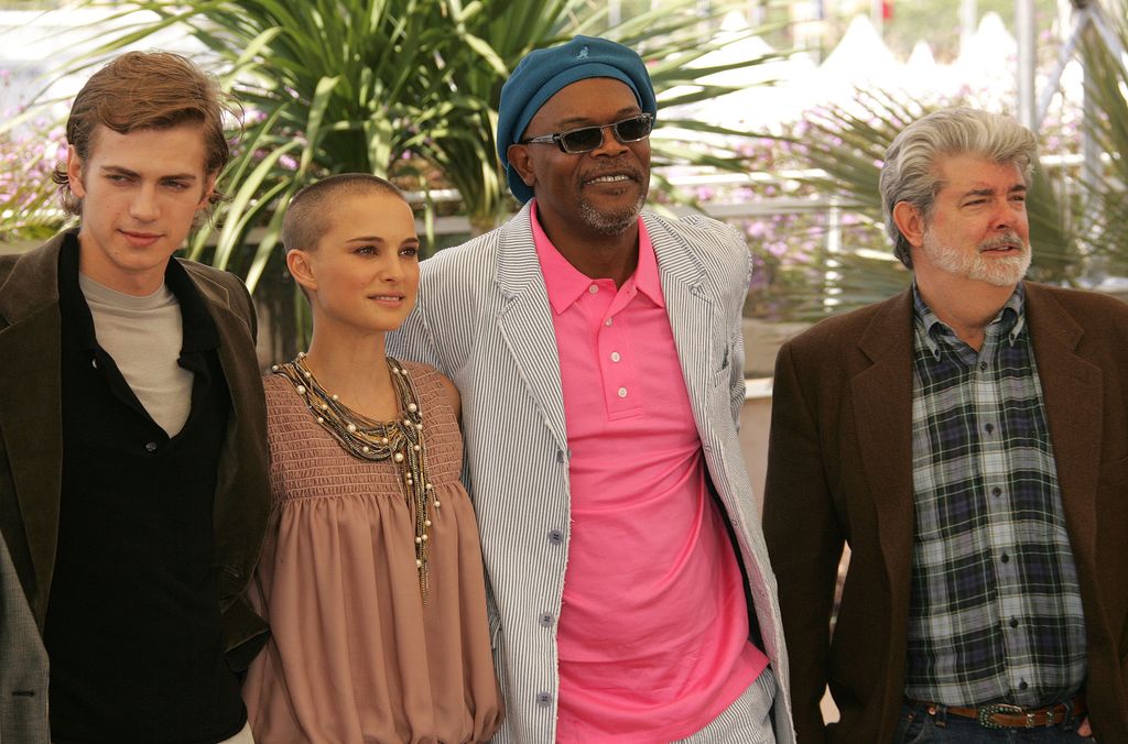 Hayden Christensen, Natalie Portman and Samuel L. Jackson with director George Lucas attend a photocall promoting the film "Star Wars Episode III: Revenge of the Sith" at the Palais during the 58th International Cannes Film Festival on May 15, 2005 in Cannes, France