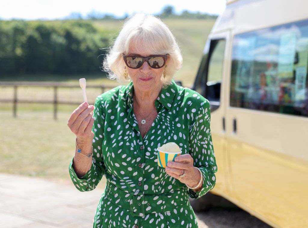 Queen Camilla eating ice cream outside
