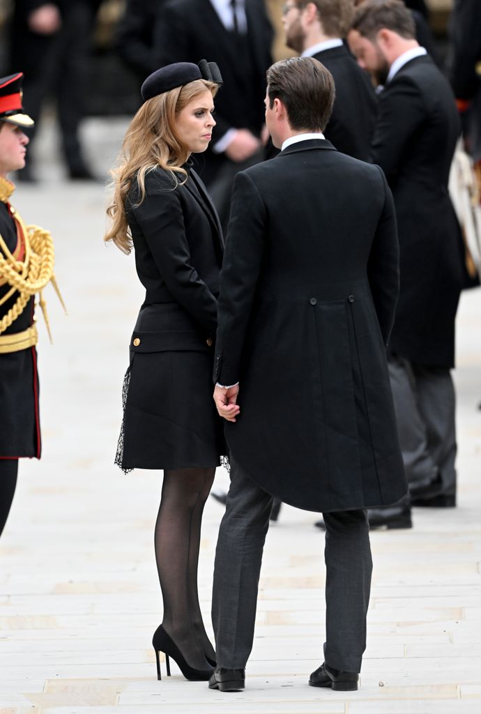 Princess Beatrice and Edoardo Mapelli Mozzi arrive for the State Funeral of Queen Elizabeth II at Westminster Abbey on September 19, 2022 in London, England.