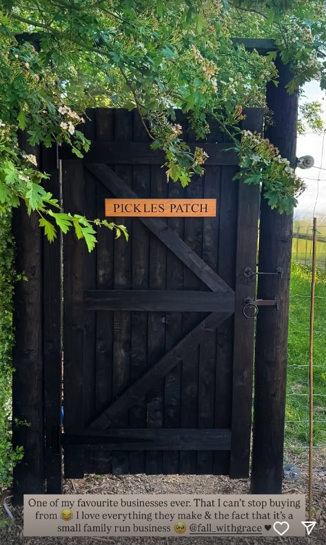Wooden gate with sign that reads 'Pickles Patch'