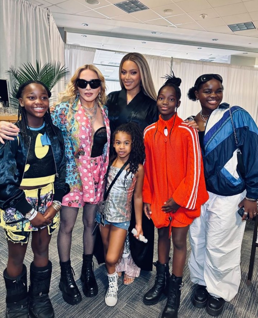 Photo shared by Madonna on her Instagram Stories August 2023 with her daughters, twins Stella and Estere plus Mercy, backstage at the Renaissance tour with Beyoncé and her daughter Rumi at MetLife Stadium on July 30.