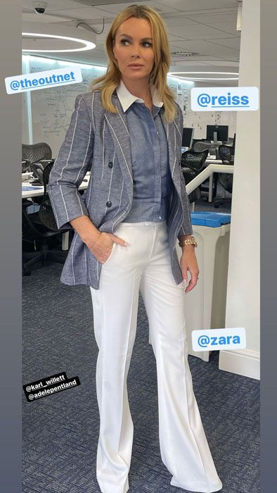 Amanda Holden wears Zara print trousers and SilkFred slogan top as she  exits Heart Radio in